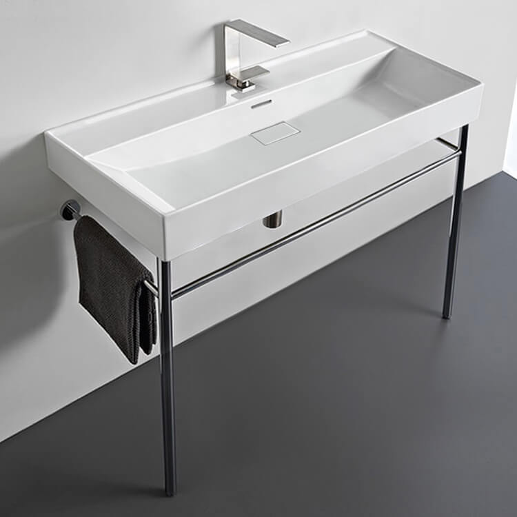 CeraStyle 037500-U-CON-One Hole Rectangular White Ceramic Console Sink and Polished Chrome Stand