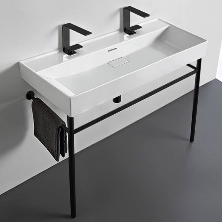 CeraStyle 037600-U-CON-BLK-Two Hole Trough White Ceramic Console Sink and Matte Black Stand