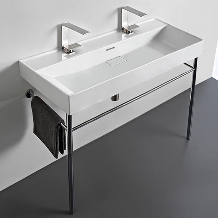 CeraStyle 037600-U-CON-Two Hole Trough White Ceramic Console Sink and Polished Chrome Stand
