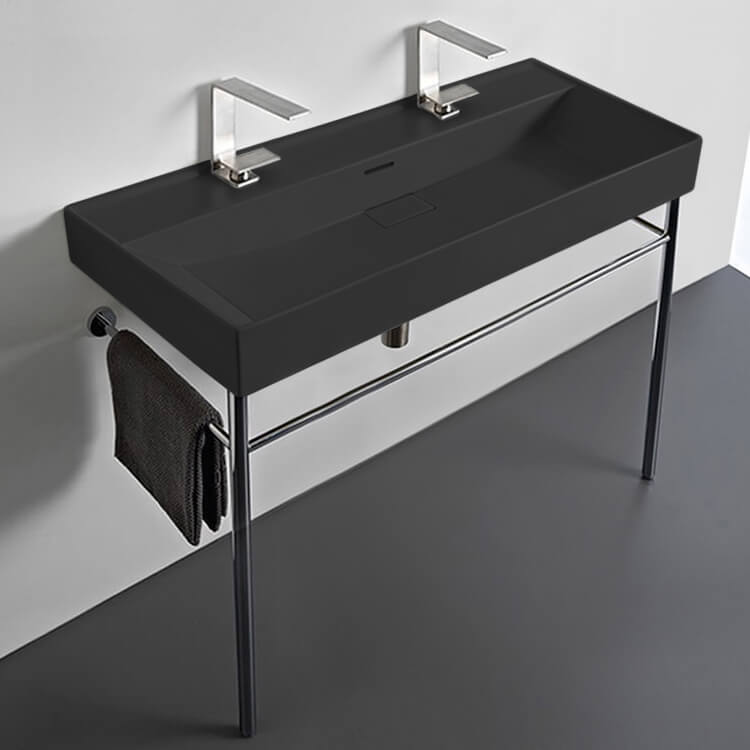 Bathroom Sink, CeraStyle 037607-U-97-CON-Two Hole, Trough Matte Black Ceramic Console Sink and Polished Chrome Stand