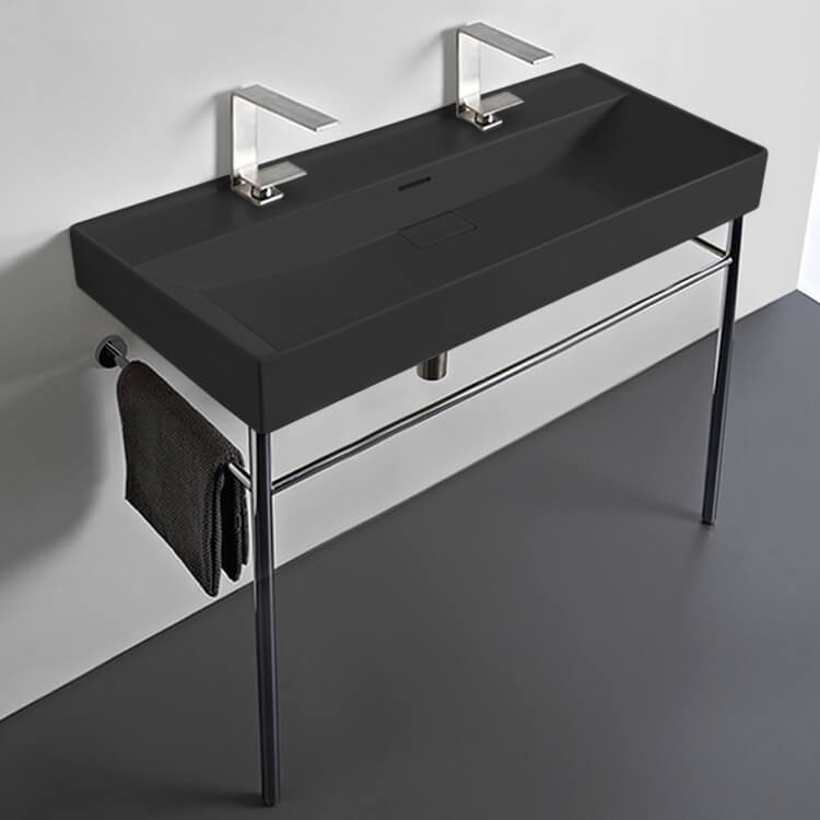 CeraStyle 037607-U-97-CON Trough Matte Black Ceramic Console Sink and Polished Chrome Stand, 40 Inch