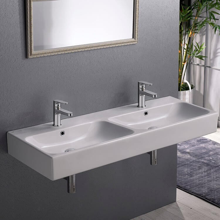 Bathroom Sink Double Rectangular Ceramic Wall Mounted or Vessel Sink CeraStyle 080700-U