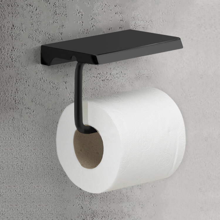 Gedy 2039-14 Modern Matte Black Toilet Paper Holder With Shelf