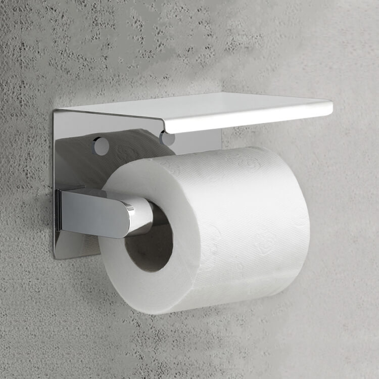 Gedy 2839-13 Toilet Paper Holder, Modern, Chrome, With Shelf