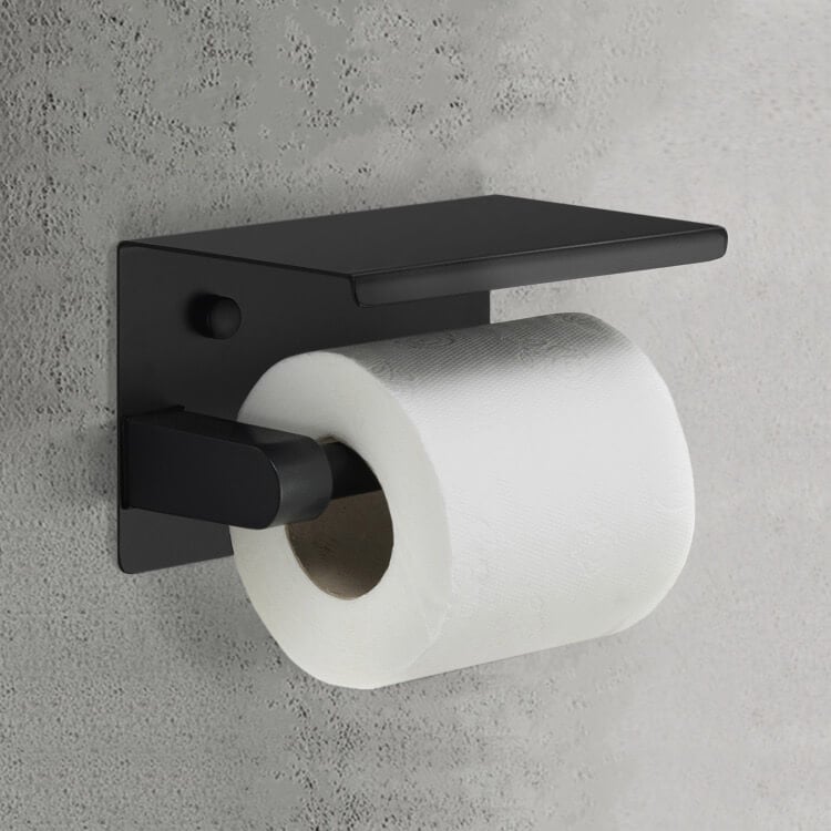 Gedy 2839-14 Toilet Paper Holder, Modern, Matte Black, With Shelf