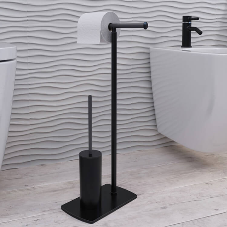 mDesign Steel Free Standing Toilet Paper Holder Stand and Dispenser, Matte  Black