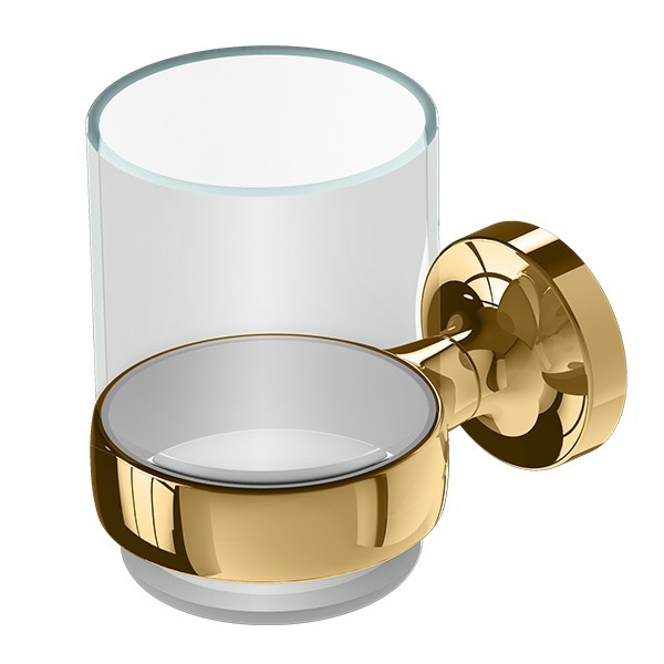 Toothbrush Holder, Geesa 7302-04, Wall Mounted Gold Finish Brass and Glass Toothbrush Holder
