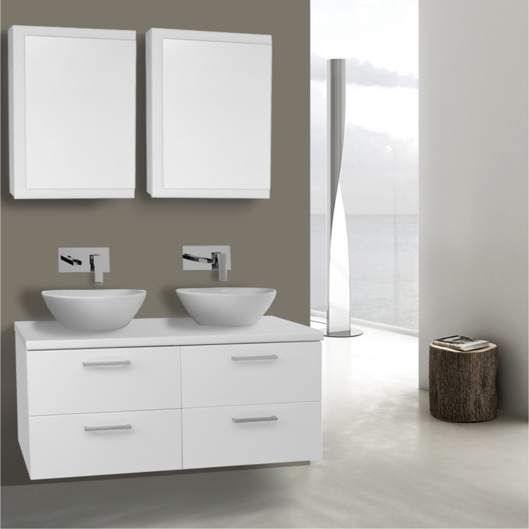45 Inch Glossy White Double Vessel Sink Bathroom Vanity Wall 45 Inch Glossy White Double Vessel Sink Bathroom Vanity Wall Mounted Medicine Cabinets Included