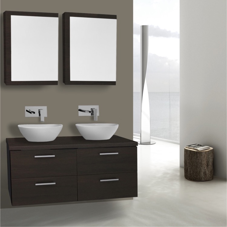 45 Inch Wenge Double Vessel Sink Bathroom Vanity Wall Mounted 45 Inch Wenge Double Vessel Sink Bathroom Vanity Wall Mounted Medicine Cabinets Included