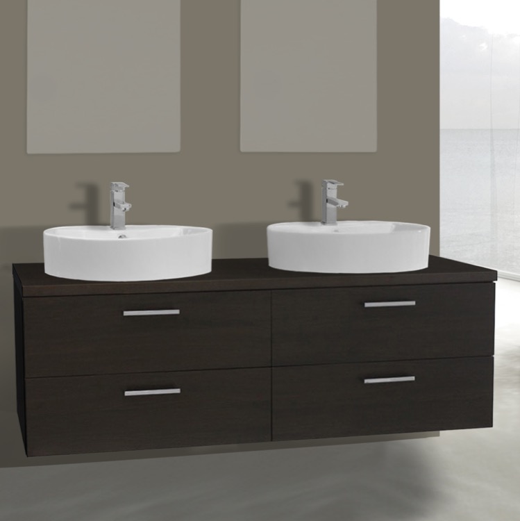 61 Inch Wenge Double Vessel Sink Bathroom Vanity Wall Mounted