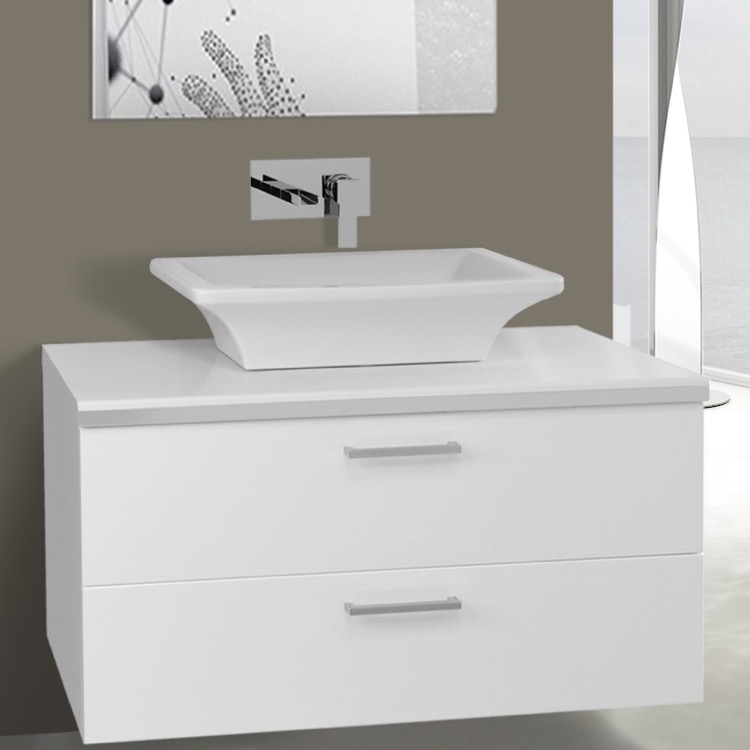 38 Inch Glossy White Vessel Sink Bathroom Vanity Wall Mounted