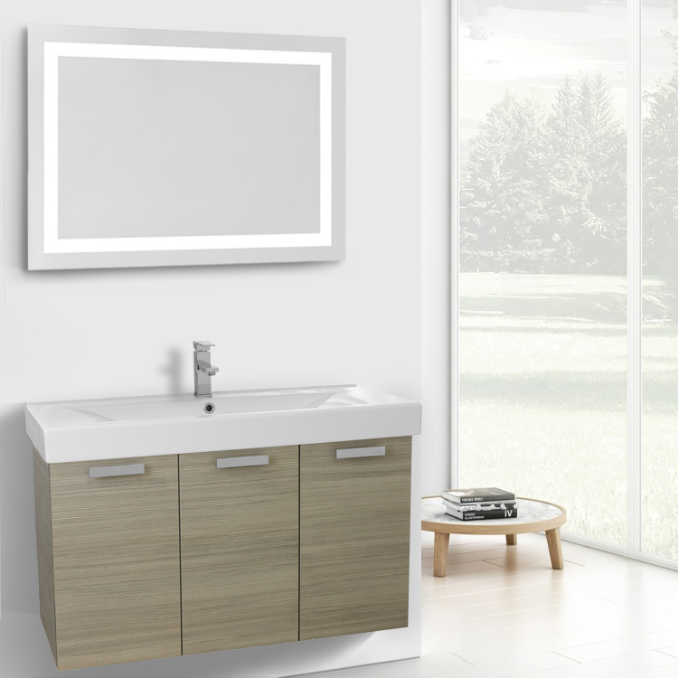 39 Inch Larch Canapa Wall Mount Bathroom Vanity With Fitted Ceramic Sink Lighted Mirror Included