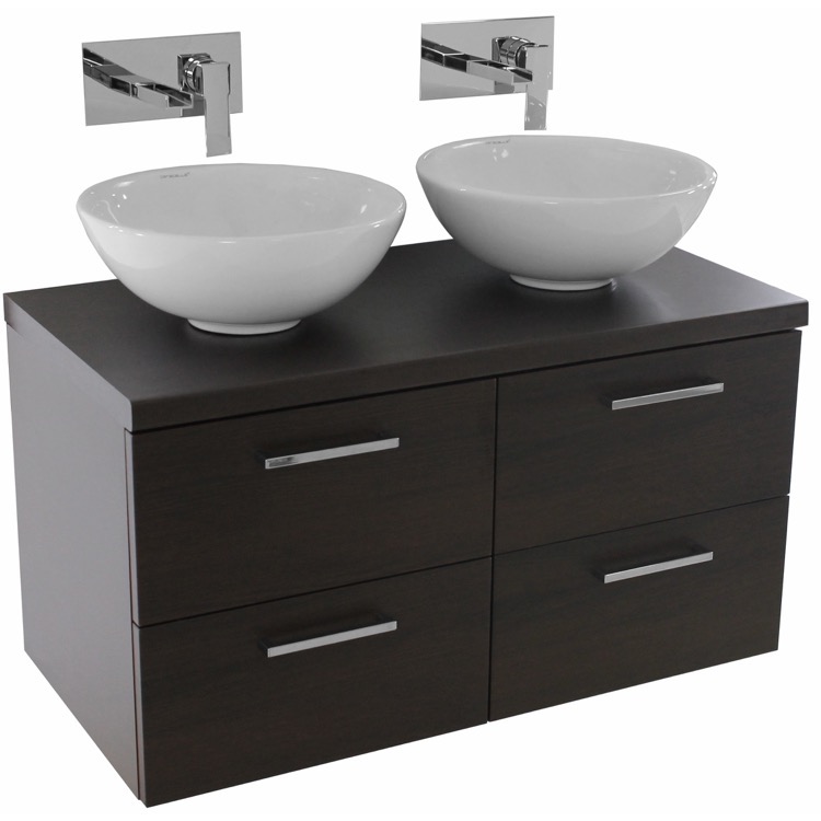 37 Inch Wenge Double Vessel Sink Bathroom Vanity Wall Mounted