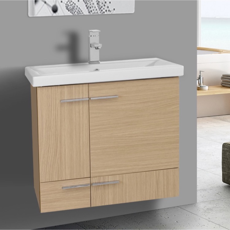24 Inch Natural Oak Wall Mounted Vanity With Ceramic Sink Iotti Bathroom Vanity Iotti Ns14 24 Inch Natural Oak Wall Mounted With Ceramic Sink