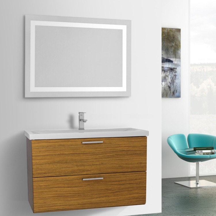 38 Inch Teak Bathroom Vanity Wall Mounted Lighted Mirror Included Bathroom Vanity Iotti Ln467 38 Inch Teak Wall Mounted Lighted