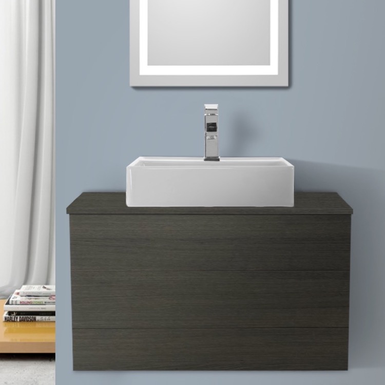 Modern Wall Mount Bath Vanity with Vessel Sink, 32 Inch, Grey Oak Iotti TN91