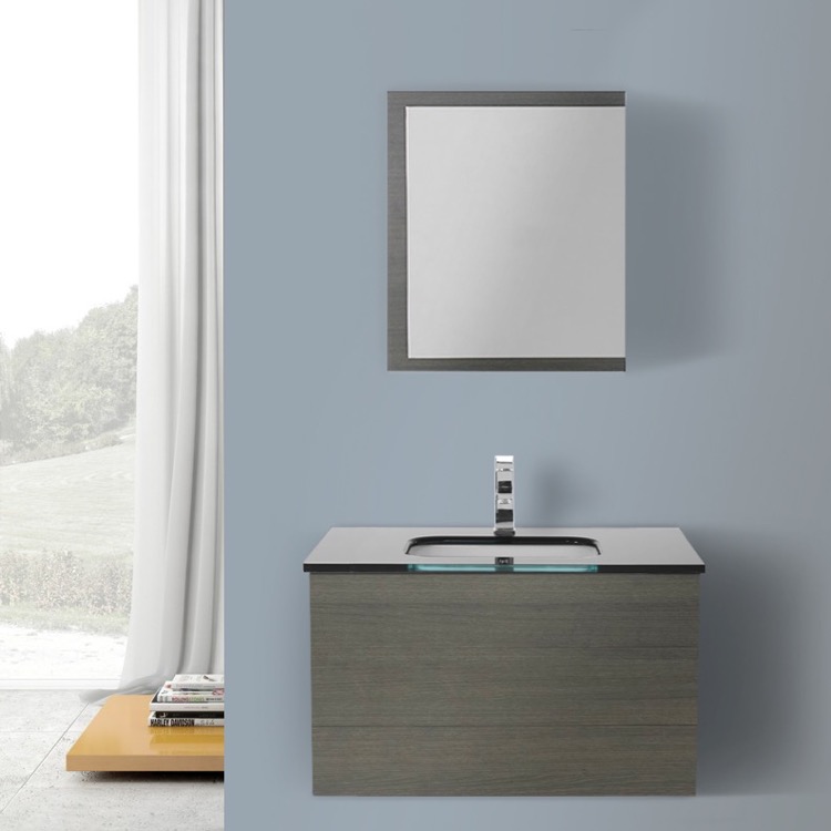 Iotti Tn1180 By Nameek S Time 32 Inch Grey Oak Bathroom Vanity With Bathroom Vanity Iotti Tn1180 32 Inch Grey Oak With Black Gl Top