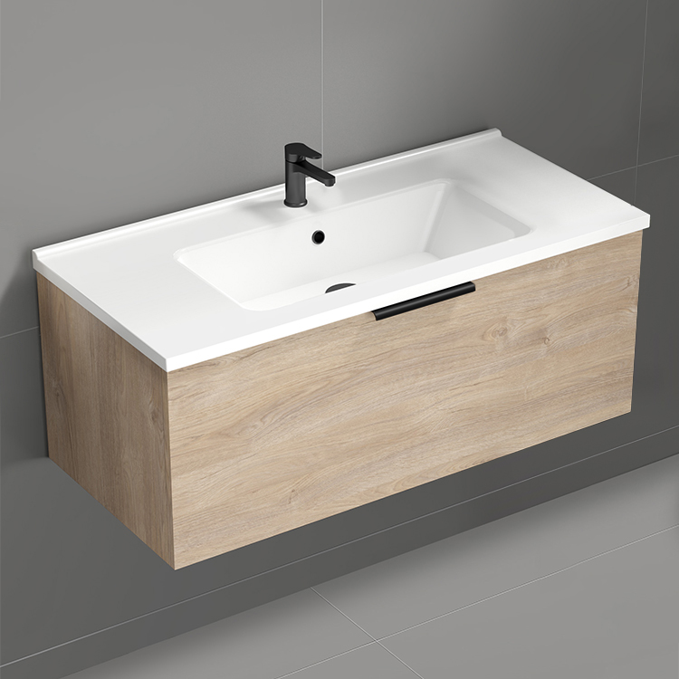Nameeks BODRUM15 Modern Bathroom Vanity, Floating, 39 Inch, Brown Oak