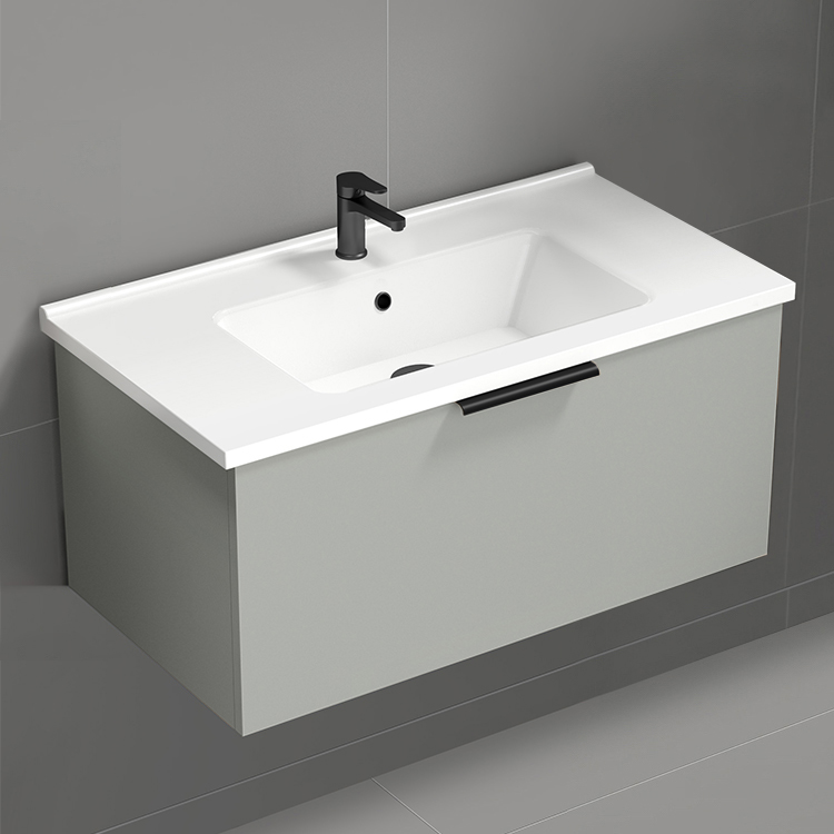 Nameeks BODRUM23 Wall Mounted Bathroom Vanity, Modern, 34 Inch, Grey Mist