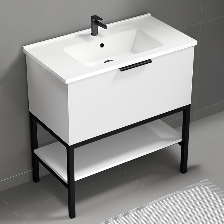 Nameeks BODRUM5 White Bathroom Vanity, Free Standing, Modern, 34 Inch