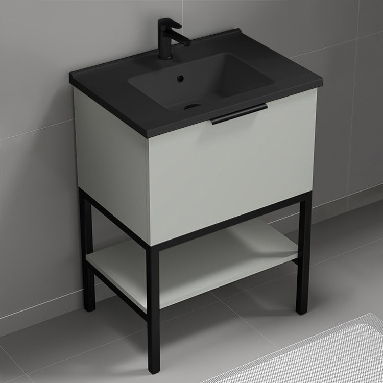 Nameeks BODRUM62 Small Bathroom Vanity With Black Sink, Floor Standing, 26 Inch, Grey Mist