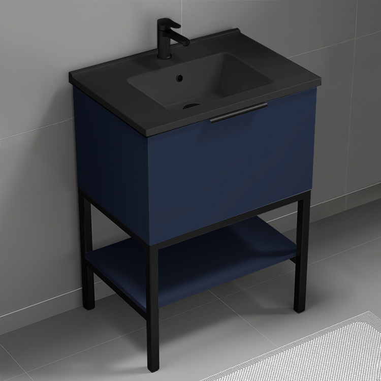 Nameeks BODRUM63 Modern Bathroom Vanity With Black Sink, Free Standing, 26 Inch, Night Blue