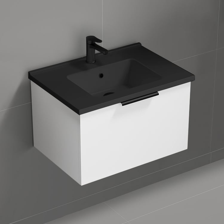 Nameeks BODRUM65 Wall Mounted Bathroom Vanity With Black Sink, Modern, 26 Inch, Glossy White