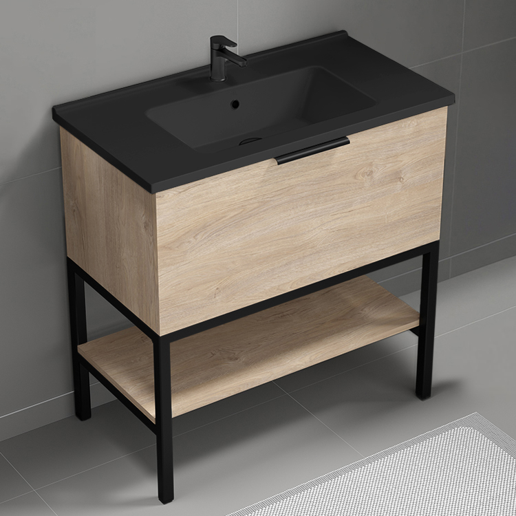 Nameeks BODRUM69 Modern Bathroom Vanity With Black Sink, Floor Standing, 34 Inch, Brown Oak