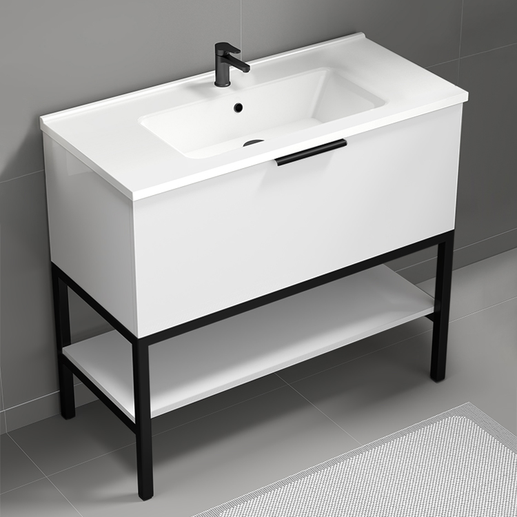 Nameeks BODRUM6 White Bathroom Vanity, Modern, Floor Standing, 39 Inch