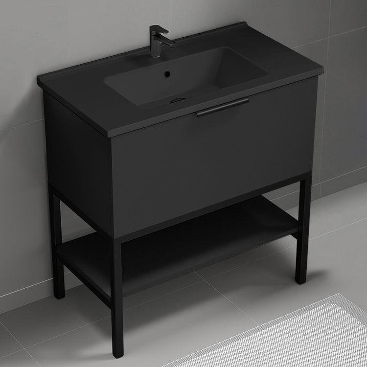 Nameeks BODRUM71 Modern Bathroom Vanity With Black Sink, Floor Standing, 34 Inch, Matte Black