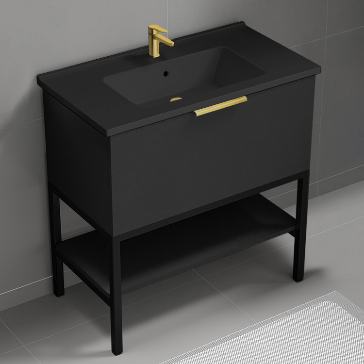 Nameeks BODRUM82 Modern Bathroom Vanity With Black Sink, Floor Standing, 34 Inch, Matte Black