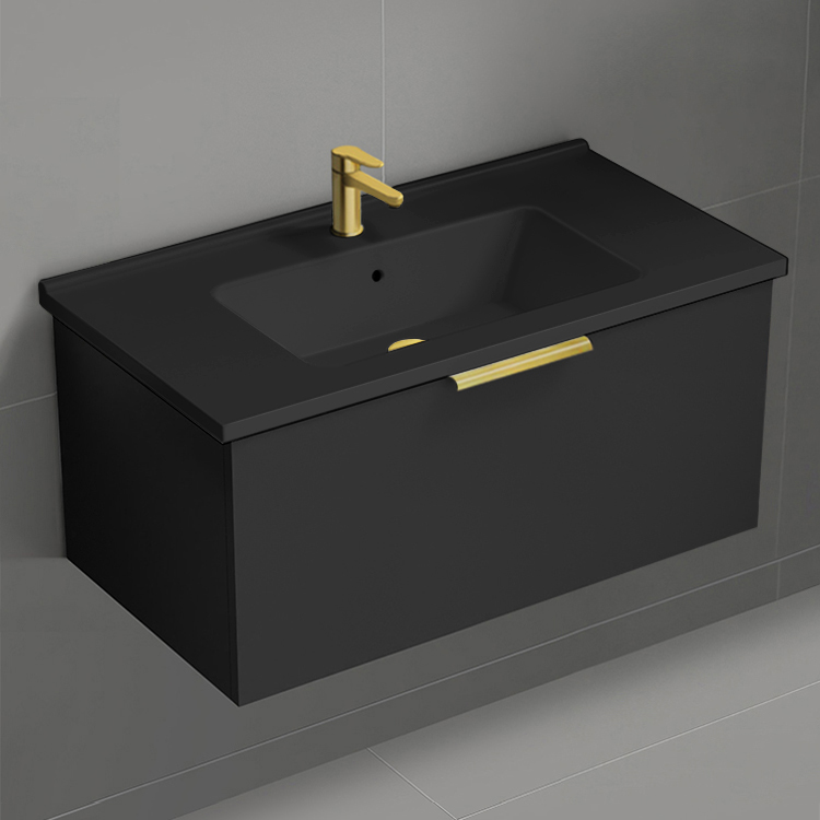 Nameeks BODRUM85 Black Bathroom Vanity With Black Sink, Modern, Wall Mounted, 34 Inch