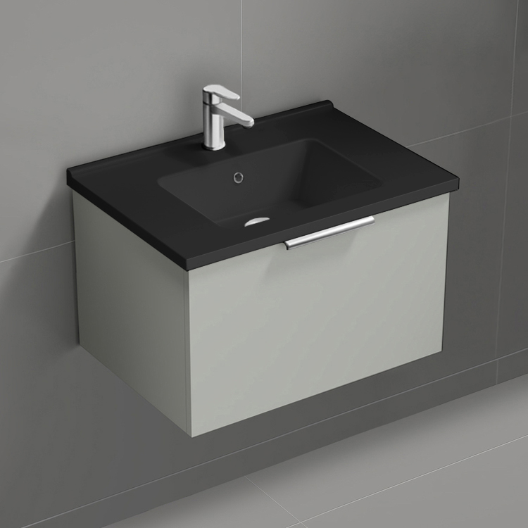 Nameeks BODRUM92 Small Bathroom Vanity With Black Sink, Floating, Modern, 26 Inch, Grey Mist
