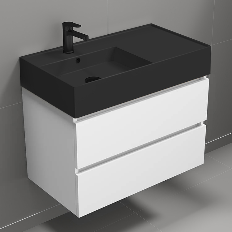 Nameeks BLOCK26 Wall Mounted Bathroom Vanity With Black Sink, 32 Inch, Modern, Glossy White