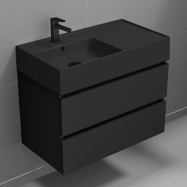 Nameeks BLOCK27 Black Bathroom Vanity With Black Sink, Modern, Wall Mounted, 32 Inch