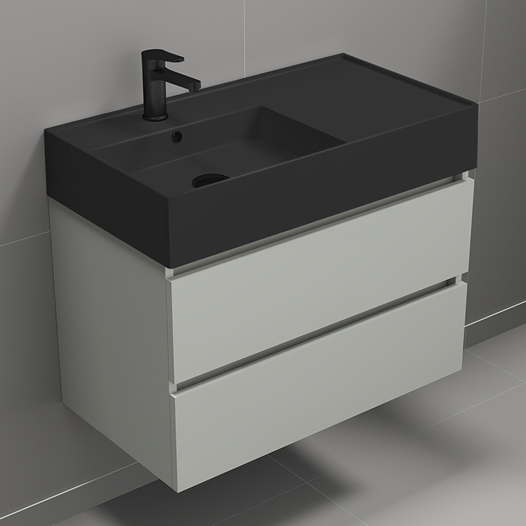Nameeks BLOCK28 Modern Bathroom Vanity With Black Sink, Wall Mounted, 32 Inch, Grey Mist