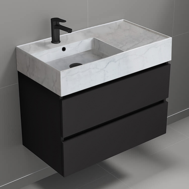 Nameeks BLOCK31 Black Bathroom Vanity With Marble Design Sink, Modern, Wall Mounted, 32 Inch