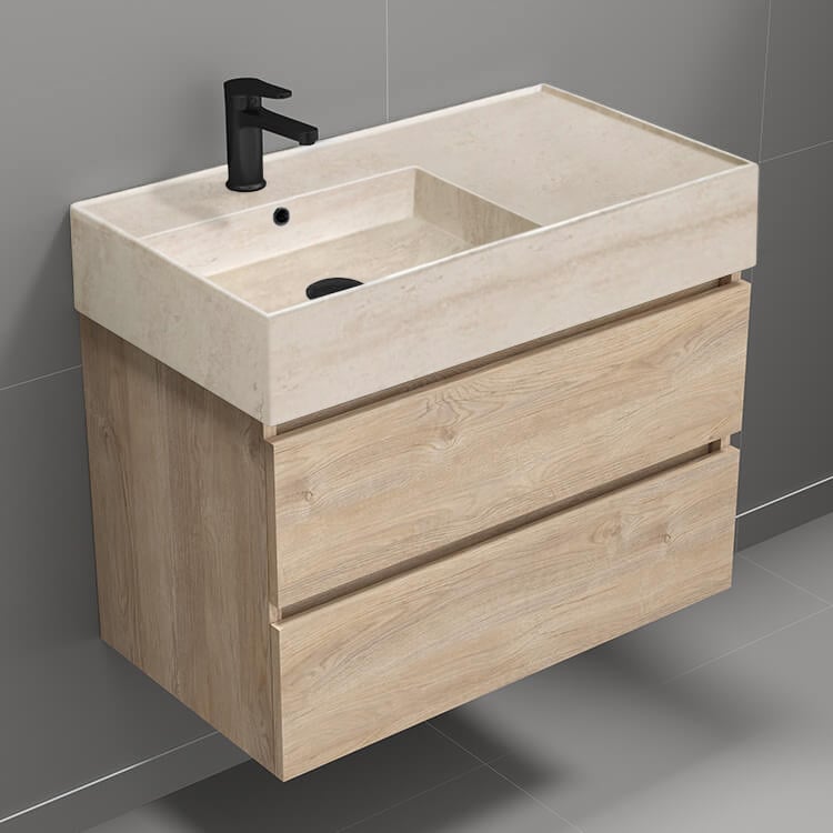 Nameeks BLOCK33 Modern Bathroom Vanity With Beige Travertine Design Sink, Wall Mount, 32 Inch, Brown Oak