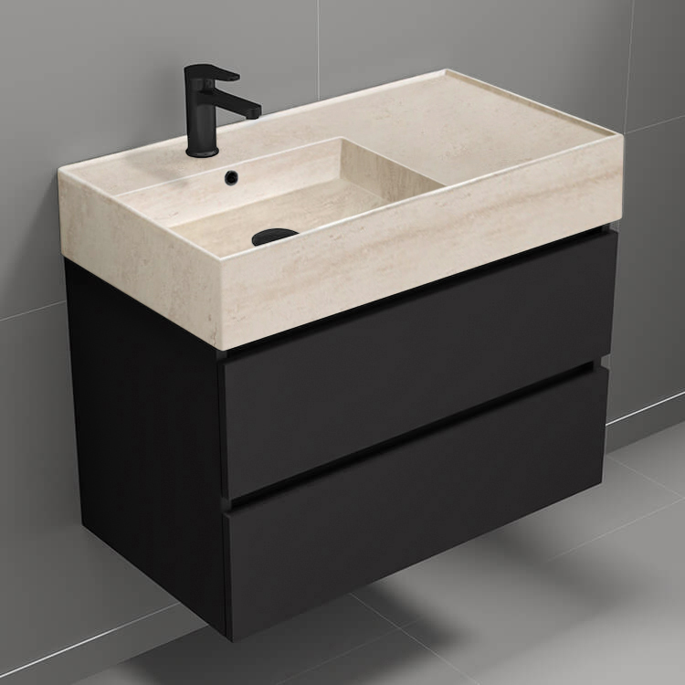 Nameeks BLOCK34 Black Bathroom Vanity With Beige Travertine Design Sink, Modern, Wall Mounted, 32 Inch
