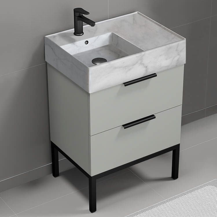 Nameeks DERIN100 24 Inch Bathroom Vanity With Marble Design Sink, Modern, Floor Standing, Grey Mist
