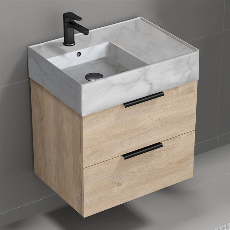 Nameeks DERIN101 Modern Bathroom Vanity With Marble Design Sink, Small, Floating, 24 Inch, Brown Oak