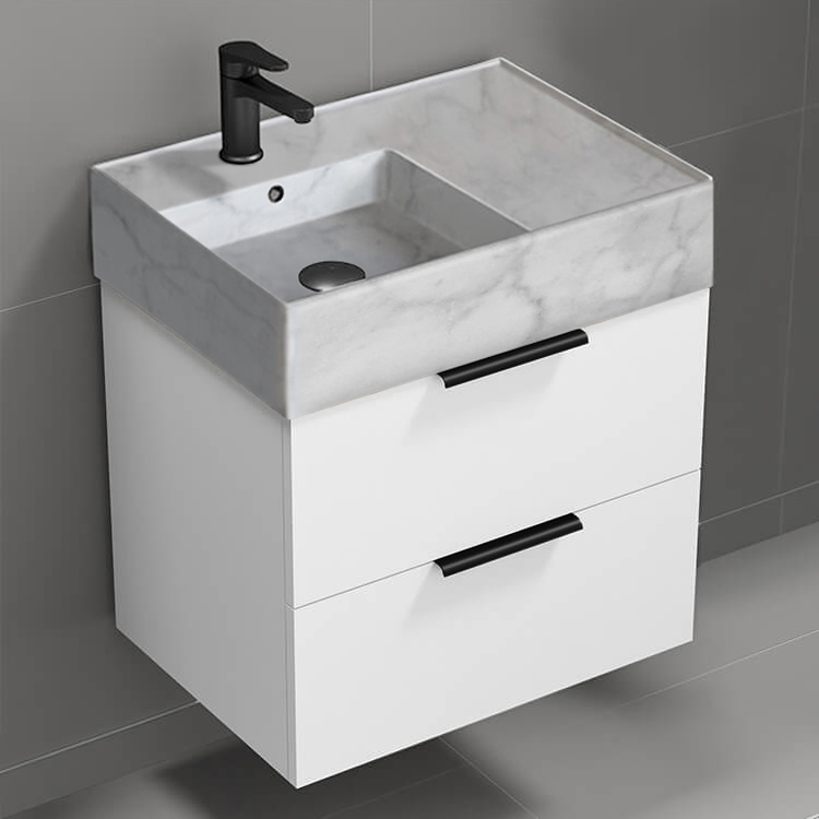 Nameeks DERIN102 Modern Bathroom Vanity With Marble Design Sink, Wall Mount, 24 Inch, Glossy White