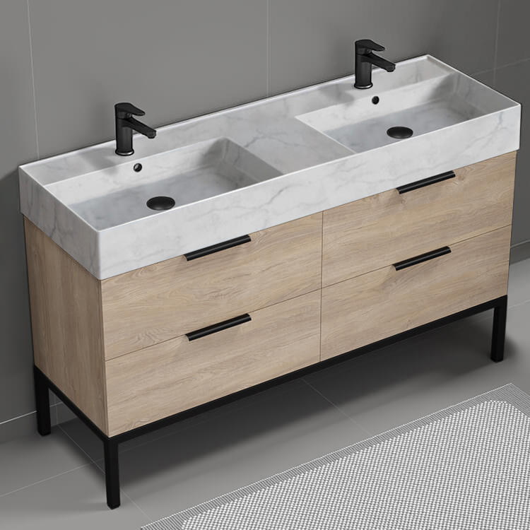 Nameeks DERIN105 Double Bathroom Vanity With Marble Design Sink, Floor Standing, 56 Inch, Brown Oak