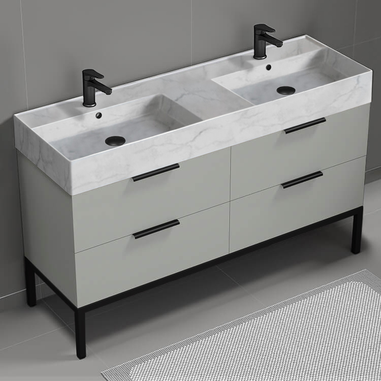 Nameeks DERIN108 56 Inch Bathroom Vanity With Marble Design Sink, Double Sink, Free Standing, Modern, Grey Mist
