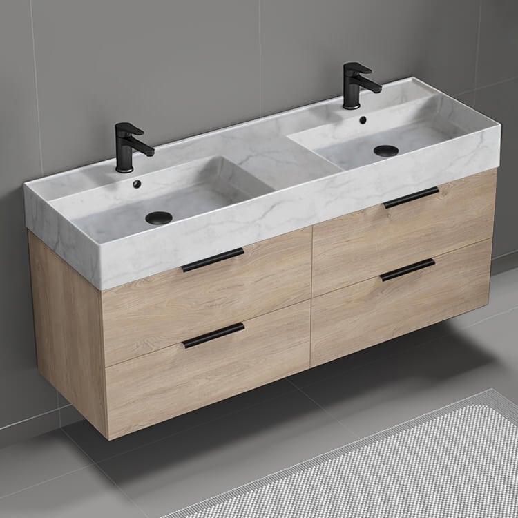 Nameeks DERIN109 Double Bathroom Vanity With Marble Design Sink, Wall Mounted, 56 Inch, Brown Oak