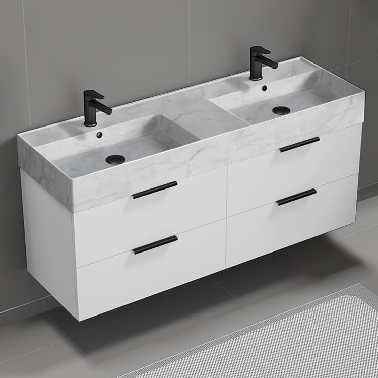 Nameeks DERIN110 56 Inch Bathroom Vanity With Marble Design Sink, Double Sink, Wall Mount, Modern, Glossy White