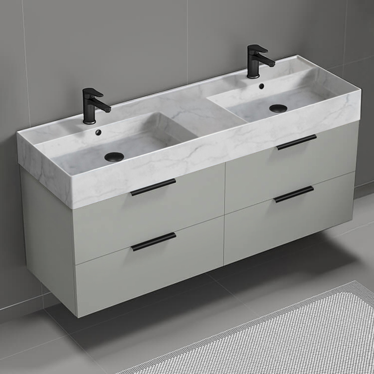 Nameeks DERIN112 Double Bathroom Vanity With Marble Design Sink, Floating, 56 Inch, Grey Mist
