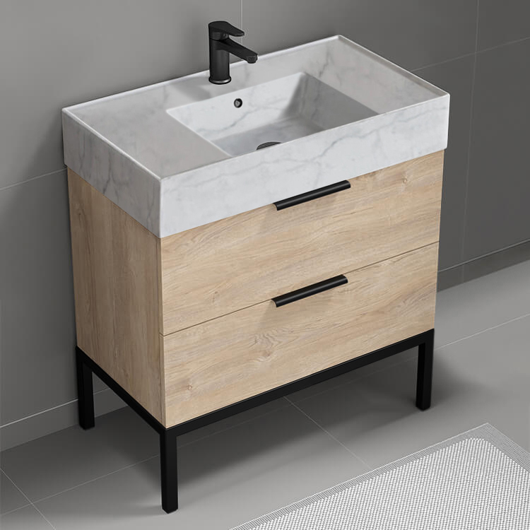 Nameeks DERIN113 Modern Bathroom Vanity With Marble Design Sink, Free Standing, 32 Inch, Brown Oak