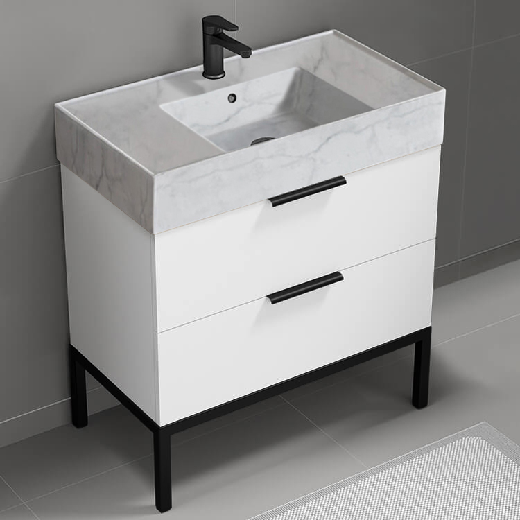 Nameeks DERIN114 Modern Bathroom Vanity With Marble Design Sink, Floor Standing, 32 Inch, Glossy White