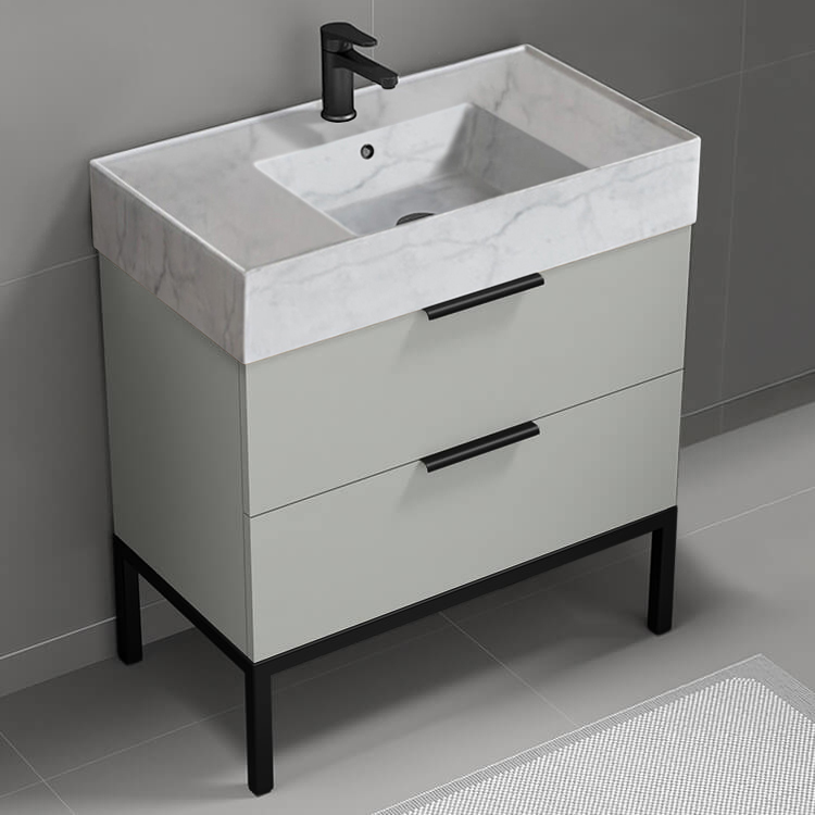 Nameeks DERIN116 Modern Bathroom Vanity With Marble Design Sink, Floor Standing, 32 Inch, Grey Mist